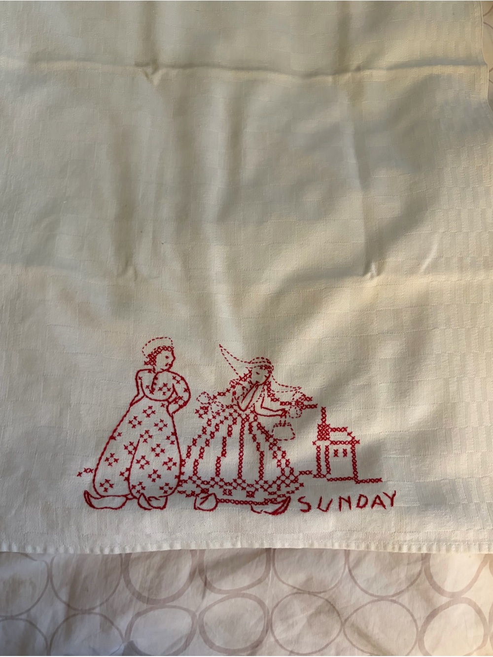 Vintage Red Embroidered Days of Week Kitchen Towel. Set of 4
